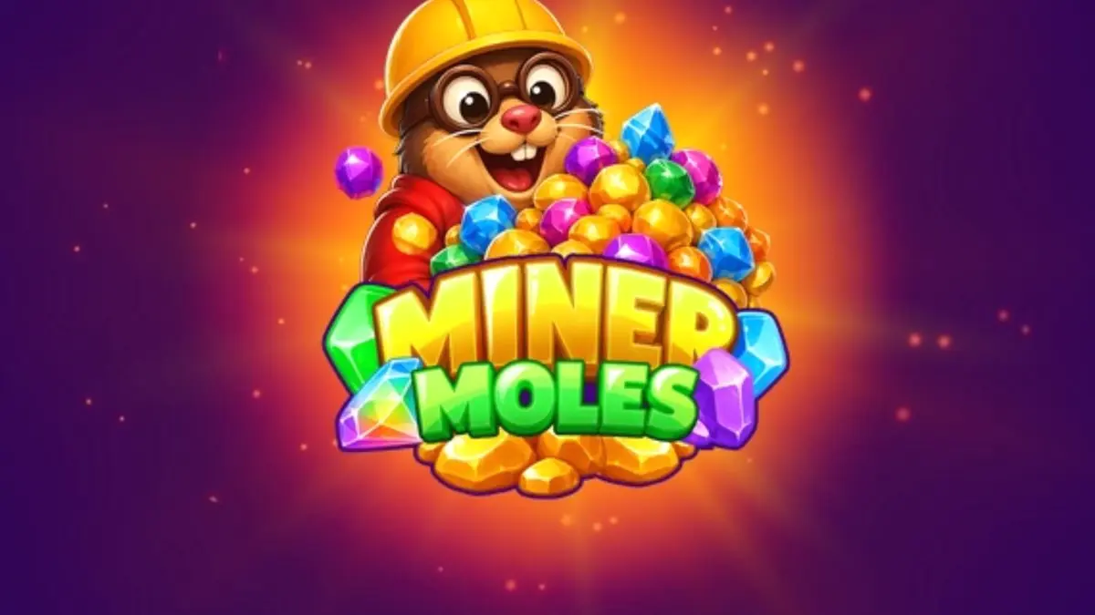 Tampilan visual slot Miner Moles dengan karakter tikus tanah dan kristal berwarna-warni