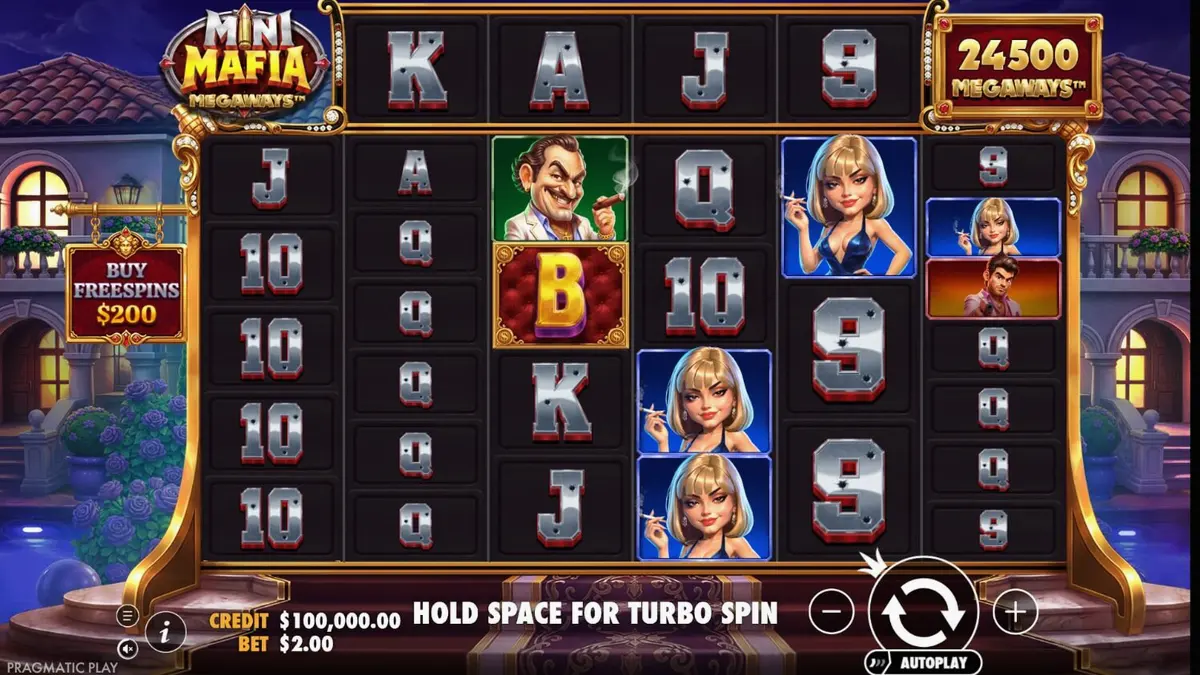 Tampilan visual slot Mini Mafia Megaways dengan tema mafia kartun yang mewah